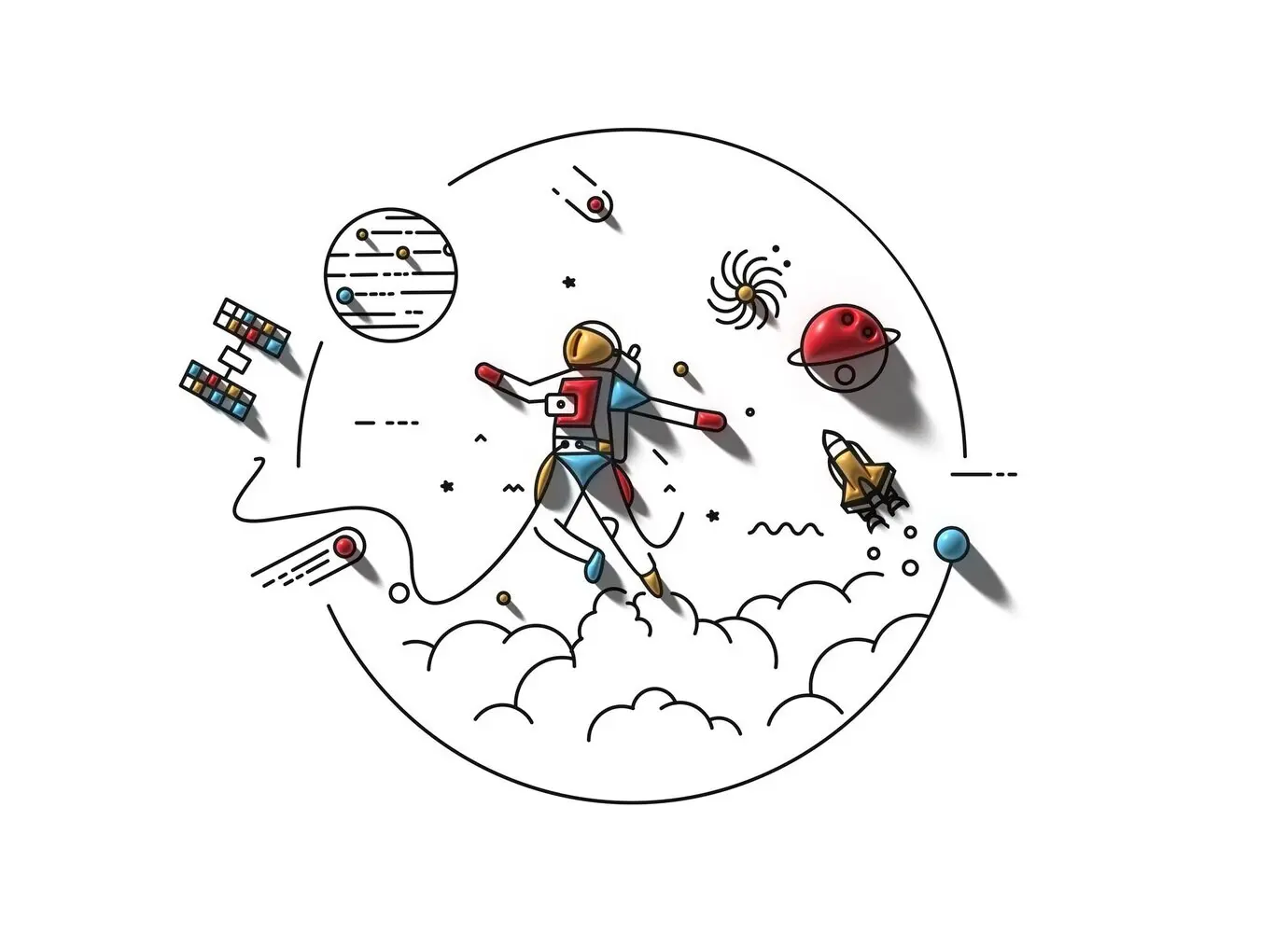 Ilustración de diseño de arte lineal plano de un astronauta 3D cayendo en el cosmos.
