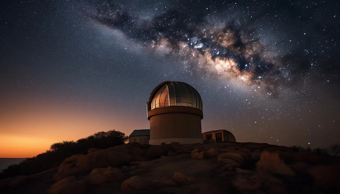 Un telescopio de mano capta un majestuoso paisaje de la Vía Láctea generado por inteligencia artificial.