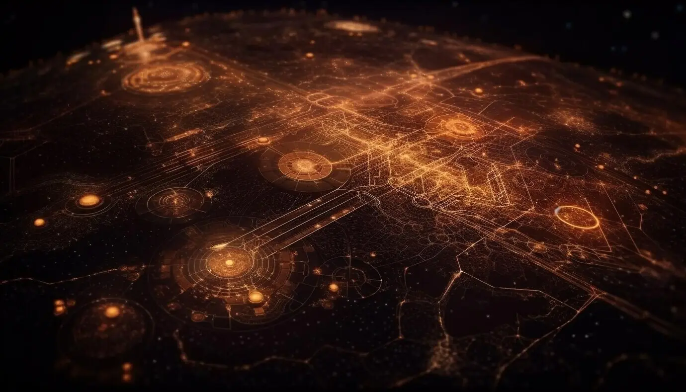 Un telón de fondo galáctico luminoso ilumina formas abstractas modernas generadas por IA.